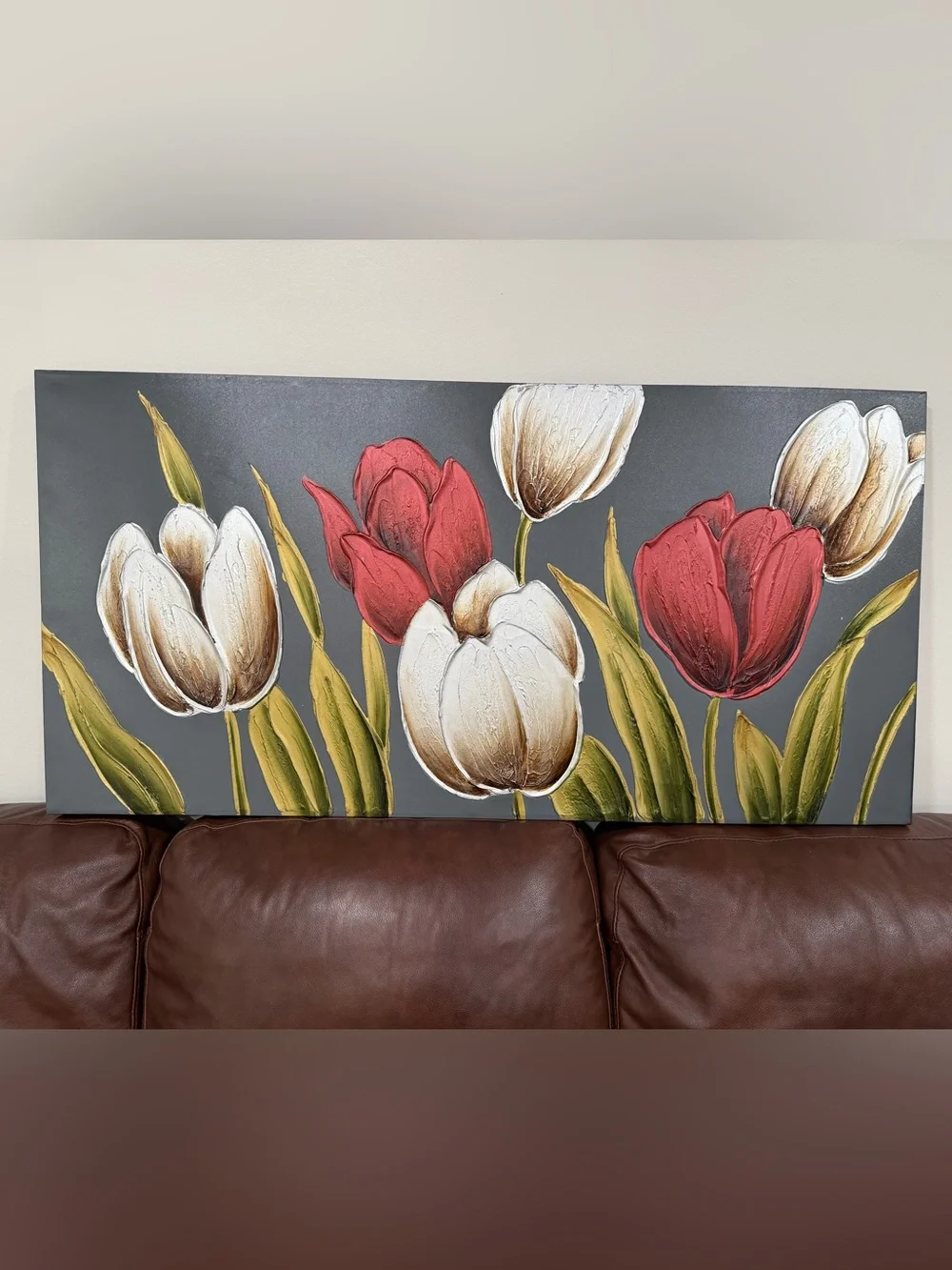 Red & White Tulip Canvas Wall Art with Green Leaves